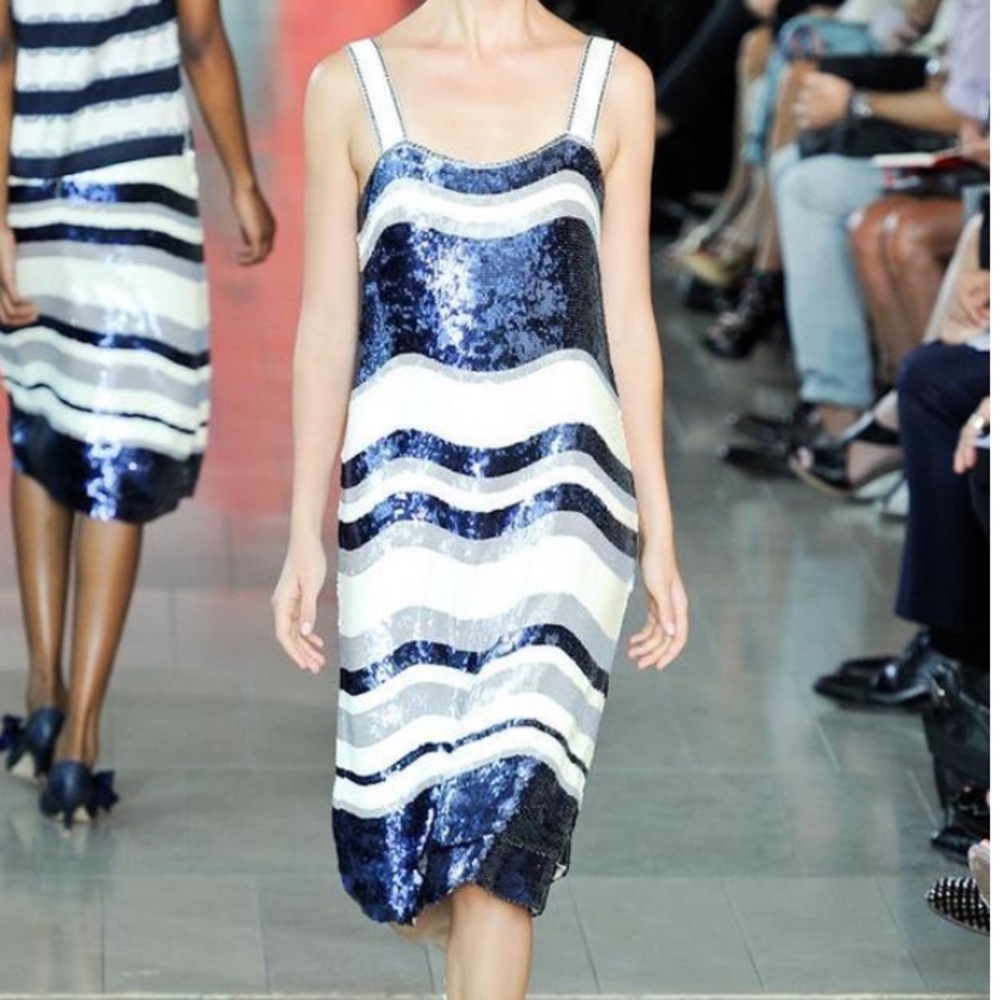 Tory Burch Edna Navy White Sequin Stripe Dress - Picture 2 of 8